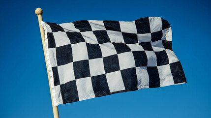 Black and White Checkered Flag Waving in Clear Blue Sky
