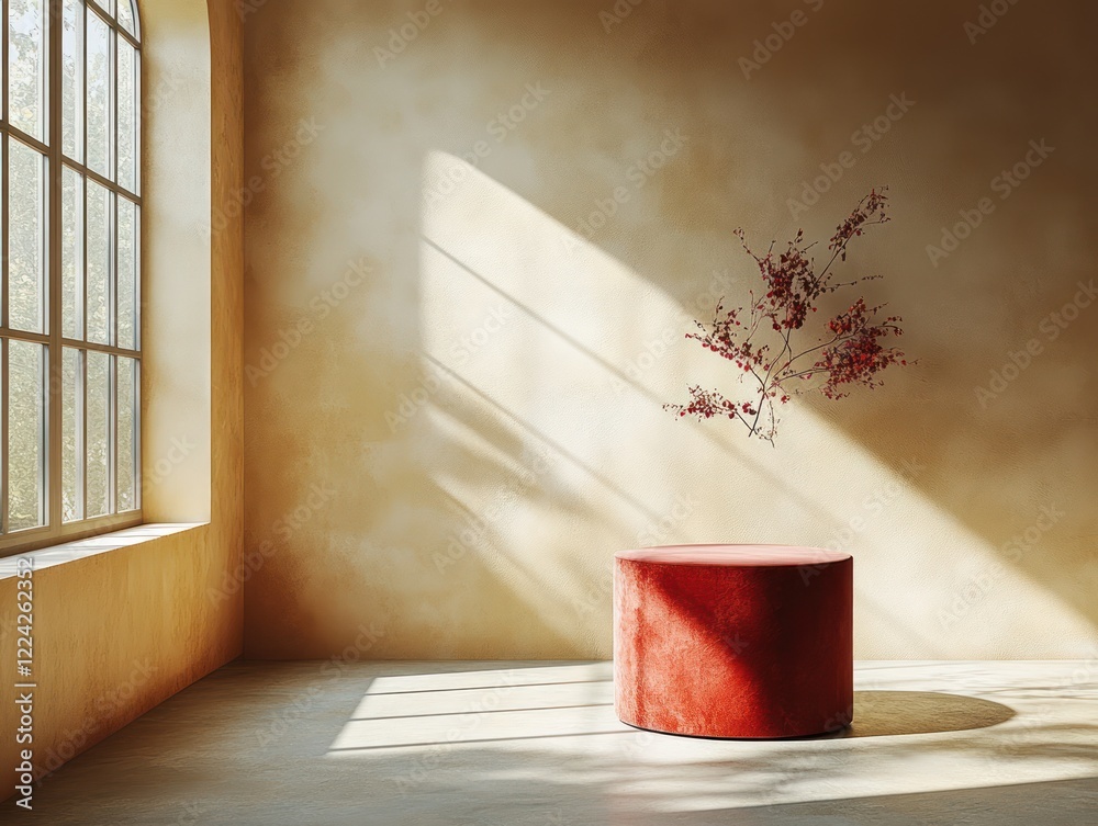 Poster Minimalistic Red Pedestal for Product Display in Soft Diffused Light