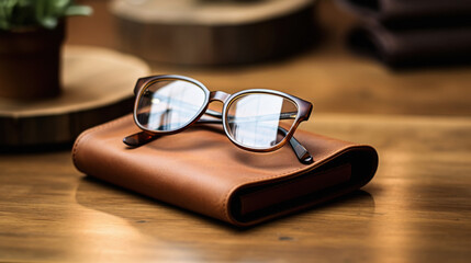 eyewear kept in pouch sitting in a wooden table