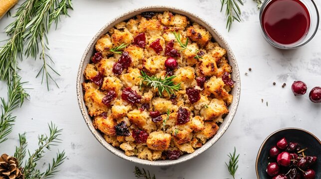 Festive bread stuffing with cranberries and rosemary in a bowl on a marble surface