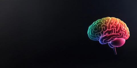 Rainbow colored brain on black background with copy. Science and neurology concept