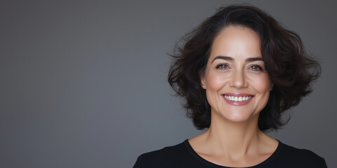 Fototapeta premium Woman with curly dark hair and black sweater on gray background. Business and lifestyle concept