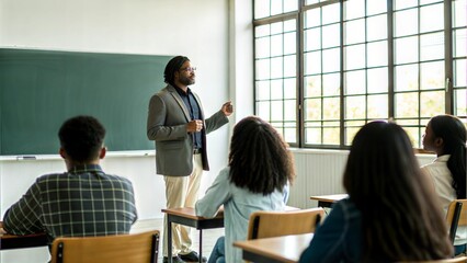 Indian teacher explaining concepts on a blackboard to a classroom of students.