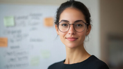 corporate woman standing near sticky notes
