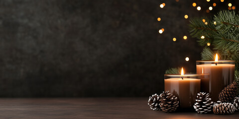 Burning candles with pine cones and fir branches on dark background. Christmas and holiday decor content