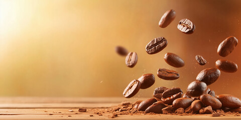 Flying coffee beans with powder on wooden surface. Coffee and beverage marketing content