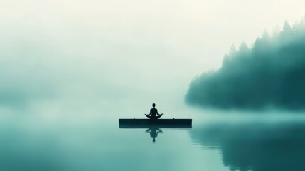 Naklejka premium Woman Meditating by Calm Lake on Misty Morning