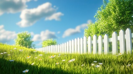 Fototapeta premium The vibrant green grass and a classic white fence stand out vividly under the bright and sunny blue sky