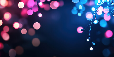 Pink and blue bokeh lights with dark background. Holiday celebration content