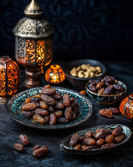 Ramadan iftar breaking fast with dates and water. Arabic lantern on the table. Ad posterr for iftar dinner invitation