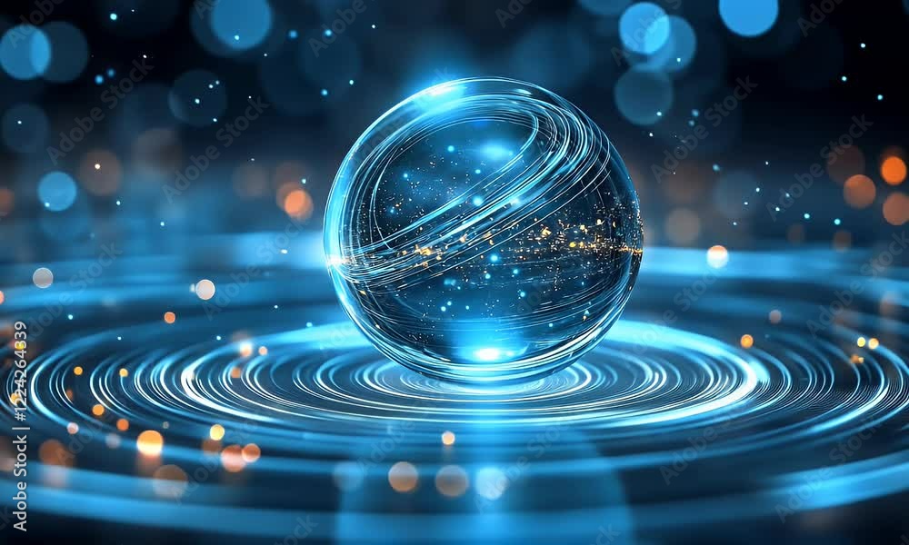 Poster Glowing sphere rotates on platform, bokeh background, digital art, tech concept