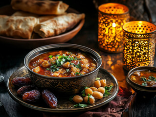 Ramadan iftar dinner at a restaurant. Breaking fast. Traditional muslim gathering sharing food