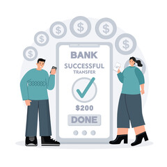 woman from smart phone receives transfer of money, coins, cash to electronic account on the Internet from colleagues