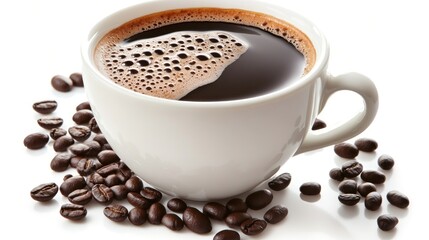 Fresh brewed coffee cup, beans, white background, cafe menu
