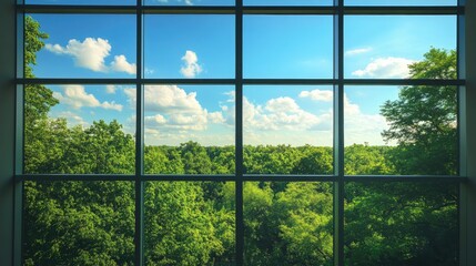 Naklejka premium Through the wide glass apartment window, a lush green forest meets the horizon under a calm, bright blue sky