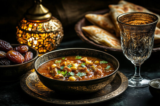 Ramadan iftar dinner at a restaurant. Breaking fast. Traditional muslim gathering sharing food