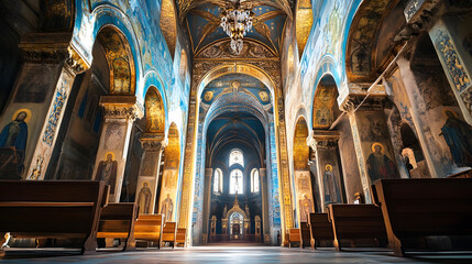 Fototapeta premium Ornate Cathedral Interior with Golden Frescoes and Arched Ceilings : Generative AI