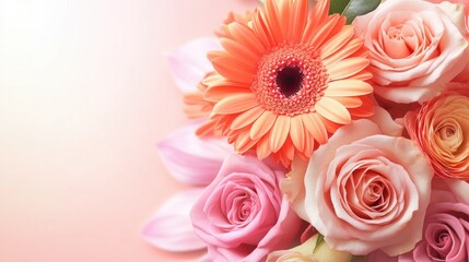 Fototapeta premium Vibrant 2025 design with bright gerbera daisies and roses, set against a soft pastel gradient background