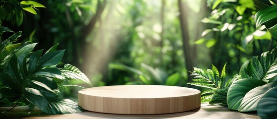 Wooden platform surrounded by lush green foliage with sunlight filtering through the trees