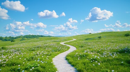 Winding path through a sunny meadow, hills in background, idyllic summer scene, perfect for travel brochures