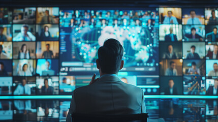 
Worldwide communication by business using video conference application. Staff members engaged in virtual meeting event with partners, investors or international colleagues. Briefing, app, modern tech