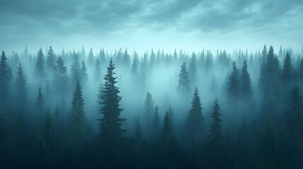 Mysterious Foggy Forest Landscape at Dawn with Evergreen Trees