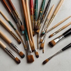 Fototapeta premium A collection of artist's paint brushes of various sizes and shapes, including round, flat, fan, and filbert brushes, neatly arranged on a smooth white background. The centerpiece is a prominent 2-inch