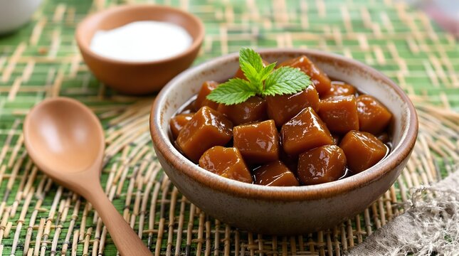 Doce de Jenipapo (Jenipapo Sweet Dessert) served in a bowl with mint garnish (Bahian Cuisine)