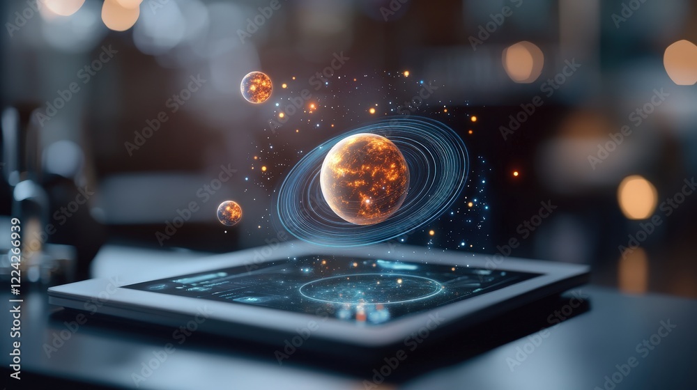 Poster digital tablet displaying solar system with planets and stars