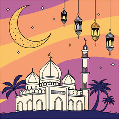Create a vibrant Ramadan scene featuring a crescent moon, lanterns, and a mosque at sunset