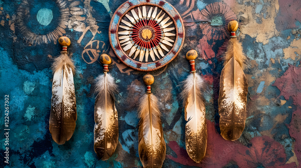 Poster vibrant feather art on textured background with native american influence : generative ai