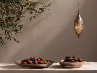 Ramadan iftar breaking fast with dates and water. Arabic lantern on the table. Modern aesthetic interior