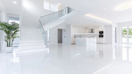 Modern white villa interior; open-plan kitchen, staircase, bright lighting; showcasing luxury home design for real estate listings