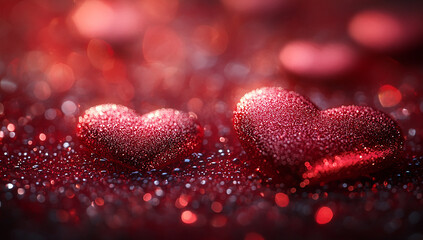 Romantic Valentine’s Day Background with Glittering Red Hearts and Warm Golden Glow, Perfect for Festive and Love-Themed Projects