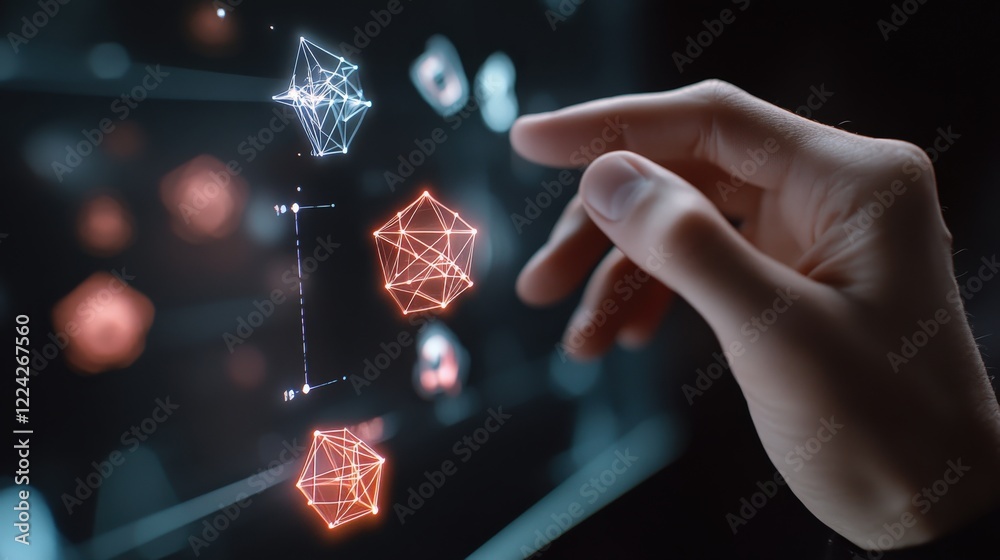 Poster Hand Interacting with Futuristic Digital Interface and Data Visualizations