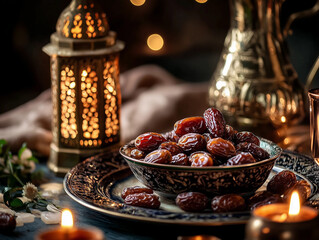 Ramadan iftar breaking fast with dates and water. Arabic lantern on the table. Dinner in the restaurant