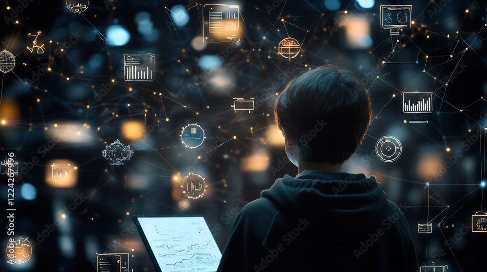 Aufkleber young person analyzing data and charts in digital environment