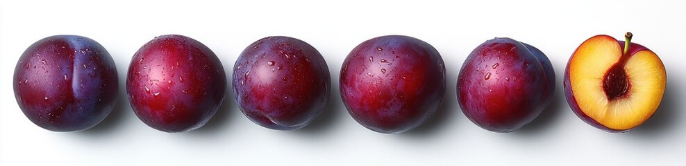 Obraz premium Fresh Ripe Plums Whole Halved Sliced Fruit on White Background