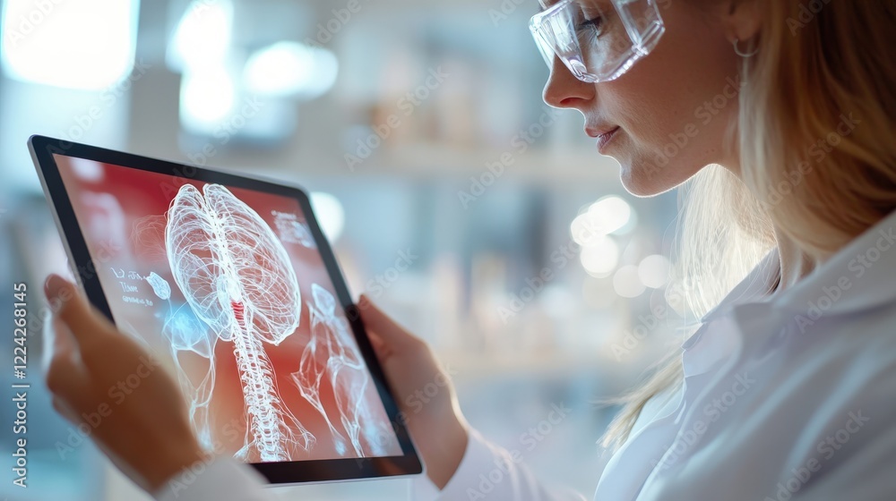 Poster scientist analyzing brain activity on tablet in modern laboratory