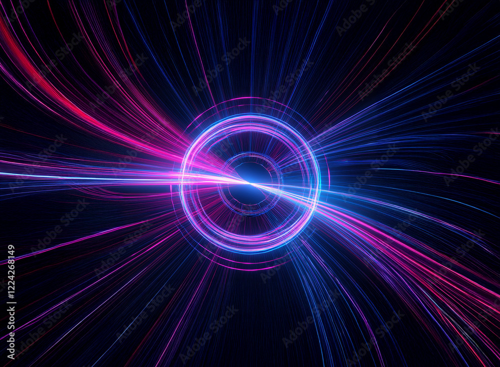 Canvas Prints abstract image of vibrant pink and blue light streaks converging on a glowing circular core, creatin