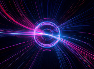 Abstract image of vibrant pink and blue light streaks converging on a glowing circular core, creating a sense of energy and movement.