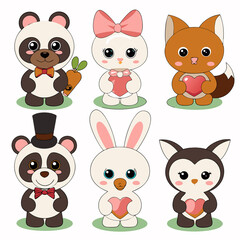 Fototapeta premium Cute cartoon animals holding hearts. (4)