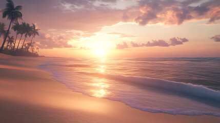 serene beach at sunset with golden sand, gentle waves rolling onto the shore, and palm trees swaying gently in the breeze. The sky is painted with soft hues of orange and purple