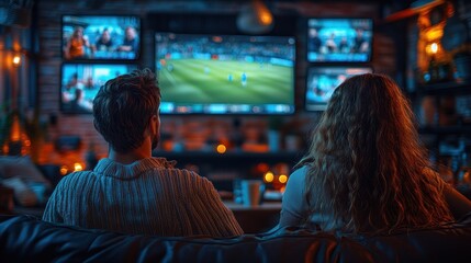 Cricket Fans Watching Live Match on Multiple Screens in Cozy Bar Atmosphere with Warm Lighting