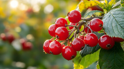 Obraz premium Fresh Red Berries on Vibrant Green Leaves in Natural Setting