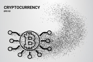 Cryptocurrency symbols composed of small circles and dots, with particles swirling around them. Vector illustration.