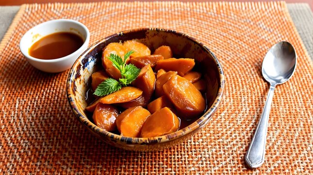 Batata-Doce Caramelada (Caramelized Sweet Potatoes) with Mint Garnish (Bahian Cuisine)