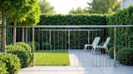 Modern stainless steel railing enclosure overlooking a serene backyard garden with lush greenery and minimalist seating
