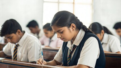 Indian students sitting in rows in an exam hall, concentrating on their papers, with a focus on the seriousness and discipline during examinations.
