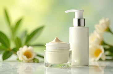 bottle of cream with dispenser, cosmetic facial skin care products. For advertising, poster, banner. Atmosphere - luxury, freshness, naturalness.